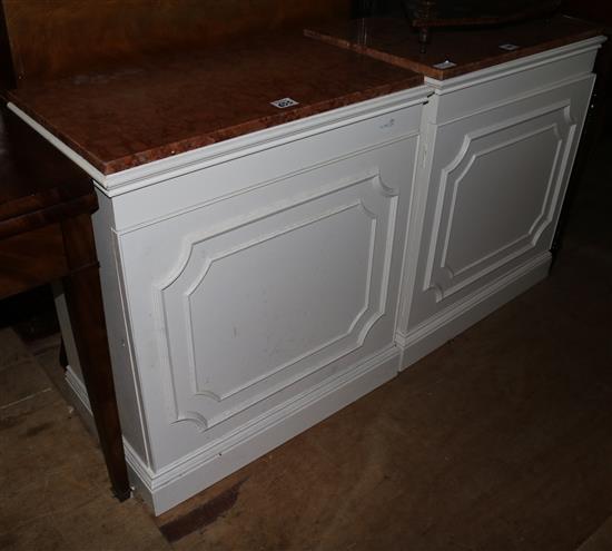 Pair painted marble top cabinets(-)